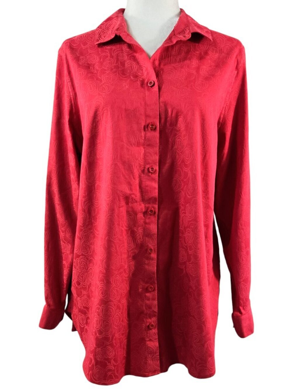 Chico's No Iron Chic Stretch Red Rose Button-Up Shirt Romantic